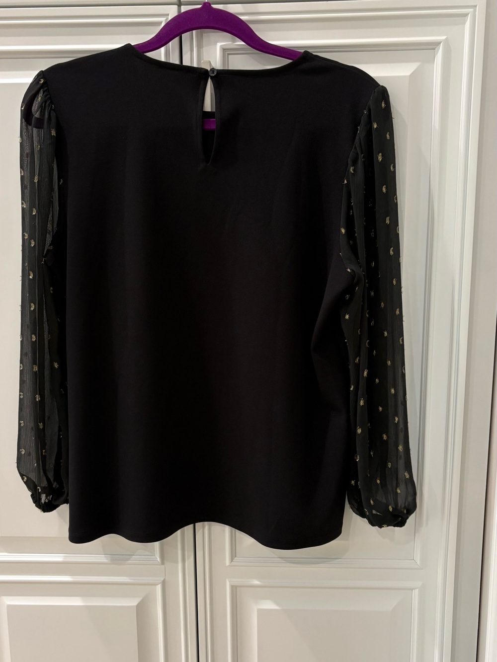 Ann Taylor Black Blouse with Sheer Metallic Dot Sleeves